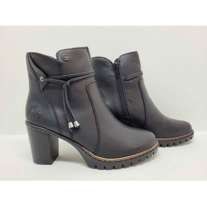 Bottine à talon haut Noir avec zip et decor cordelettes sur le côté Rieker