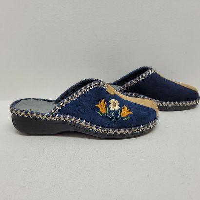 Mule compensée bleu broderie fleurs beige Maison de l'espadrille