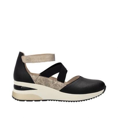 Ballerine à bride compensée noire et imprimé, 1 velcro et 2 élastiques croisés Remonte