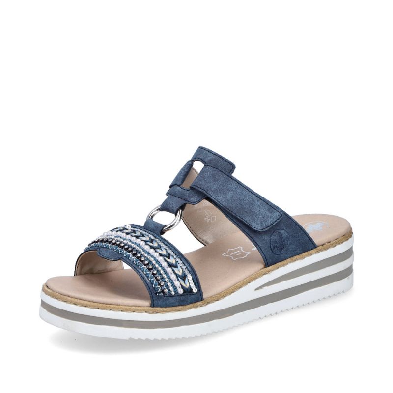 Mule bleu marine 1 velcro compensée avec anneau et décoration sur le devant Rieker