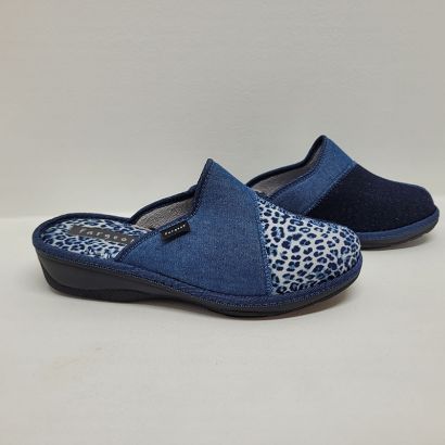 Mule bleu jeans compensée avec imprimé Fargeot