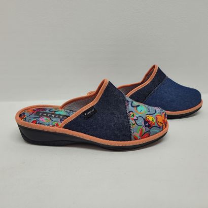 Mule compensée bleu jeans avec imprimé fleuris orange Fargeot