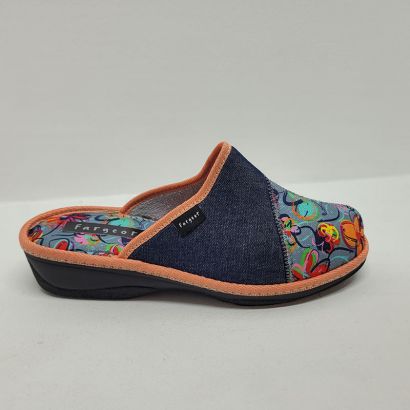 Mule compensée bleu jeans avec imprimé fleuris orange Fargeot