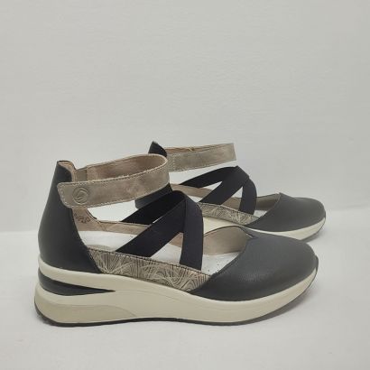 Ballerine à bride compensée noire et imprimé, 1 velcro et 2 élastiques croisés Remonte