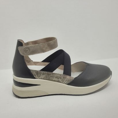 Ballerine à bride compensée noire et imprimé, 1 velcro et 2 élastiques croisés Remonte