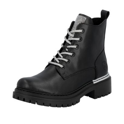 Bottine noire semelle épaisse avec lacet et languette argent Rieker