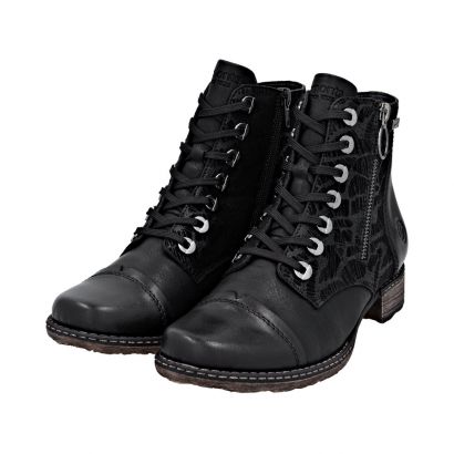 Bottine plate Noir à lacets et zip imprimé sur le côté et zip fantaisie Remonte