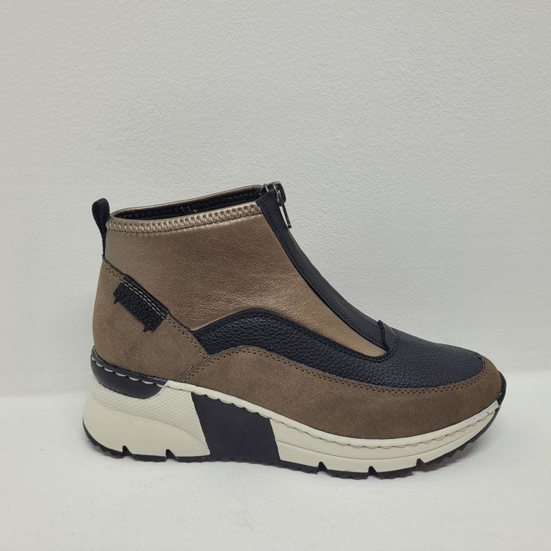 Bottine bronze, noire et beige compensée avec zip central tige courte Rieker