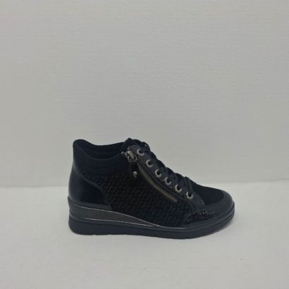 Bottine petit compensée noire avec bout vernis lacet et tirette Remonte