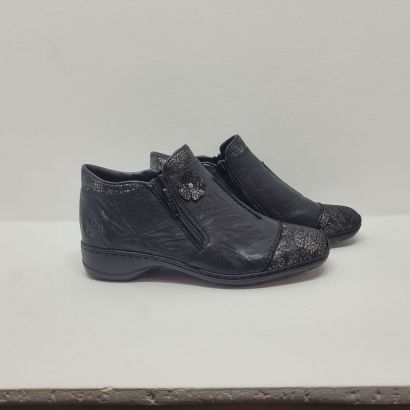 Bottine 2 tirettes noire avec fleurs avec bout point argenté Rieker