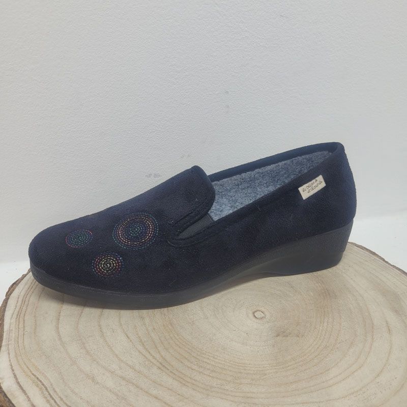 Pantoufle noire 2 élastiques avec fleurs brodées Maison de l'Espadrille