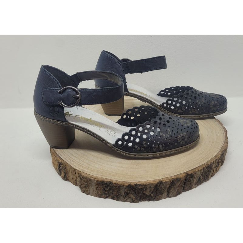 Escarpin bleu marine velcro perforée imprimé fleur beige talon decroché rieker 