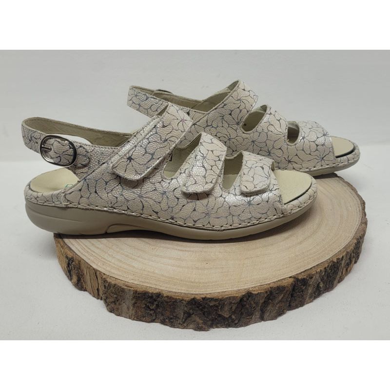 Nu-pieds plat beige avec trois velcros et imprimé Waldläufer