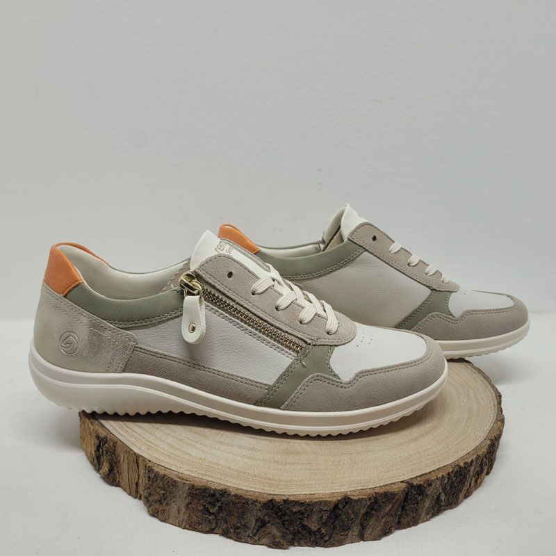 basket beige et blanche zip semelle blanche renfort orange remonte 