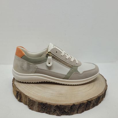 basket beige et blanche zip semelle blanche renfort orange remonte 