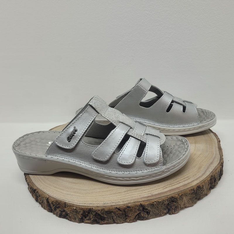 Mule plat 4 velcros argent et imprimé central blanc Stuppy