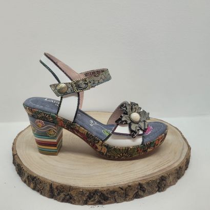 Nu-pieds a talon blanc avec gris et 1 velcro fleuris 