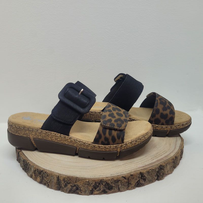 Mule deux brides velcros avec boucle semelle liège et noire rieker