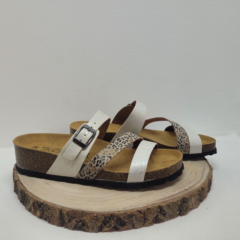 Mule argent avec 3 boucles et des motifs sur la bande centrale Maison de l'espadrille