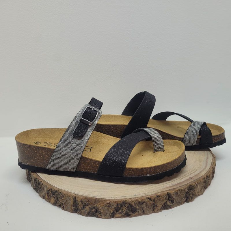 Tong argent avec des boucles au dessus noir et grise Maison de l'espadrille