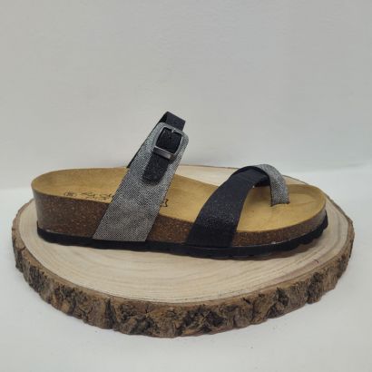 Tong argent avec des boucles au dessus noir et grise Maison de l'espadrille