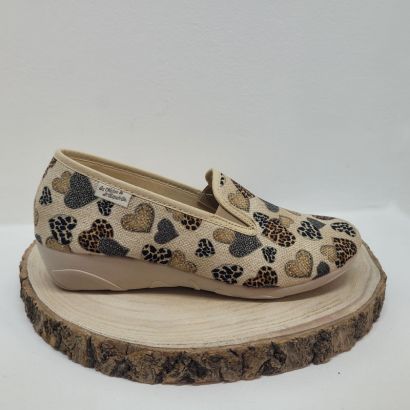 Pantoufle 2 élastiques beige et noir avec coeurs Maison de l'espadrille