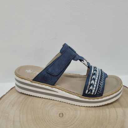 Mule bleu marine 1 velcro compensée avec anneau et décoration sur le devant Rieker