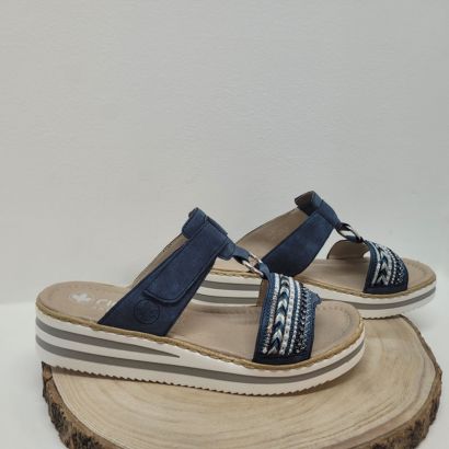 Mule bleu marine 1 velcro compensée avec anneau et décoration sur le devant Rieker