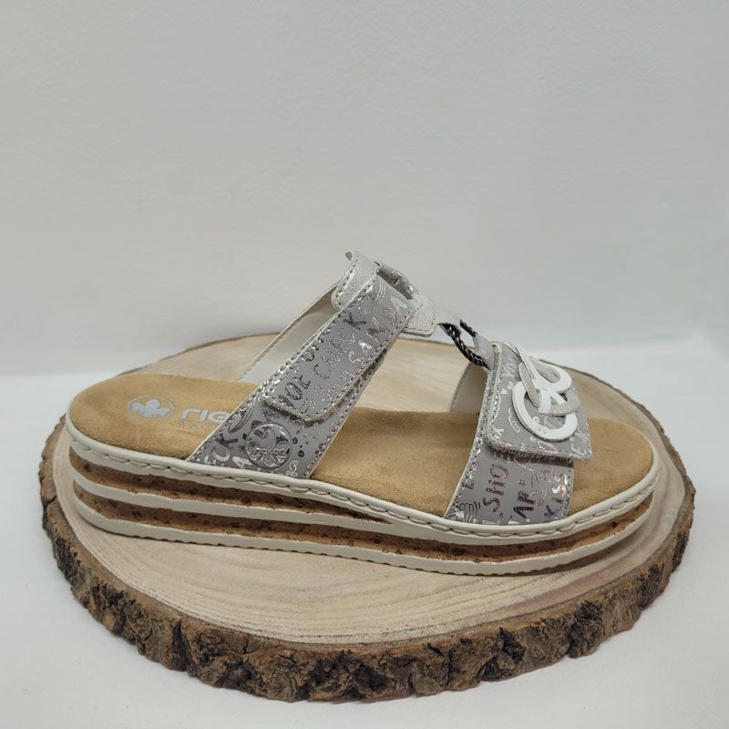 Mule argenté compensée 2 velcros et anneau Rieker