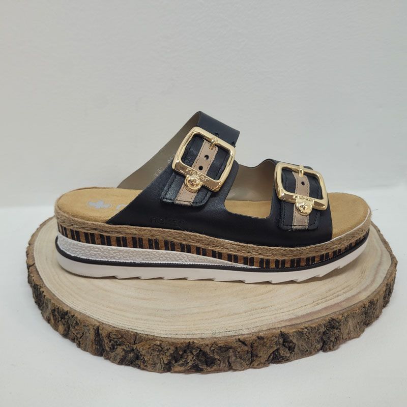 Mule noire 2 boucles doré petit compensé Rieker