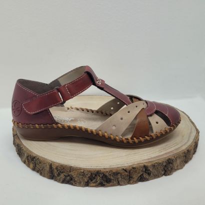 Sandale marron/rouge avec trois brides Rieker