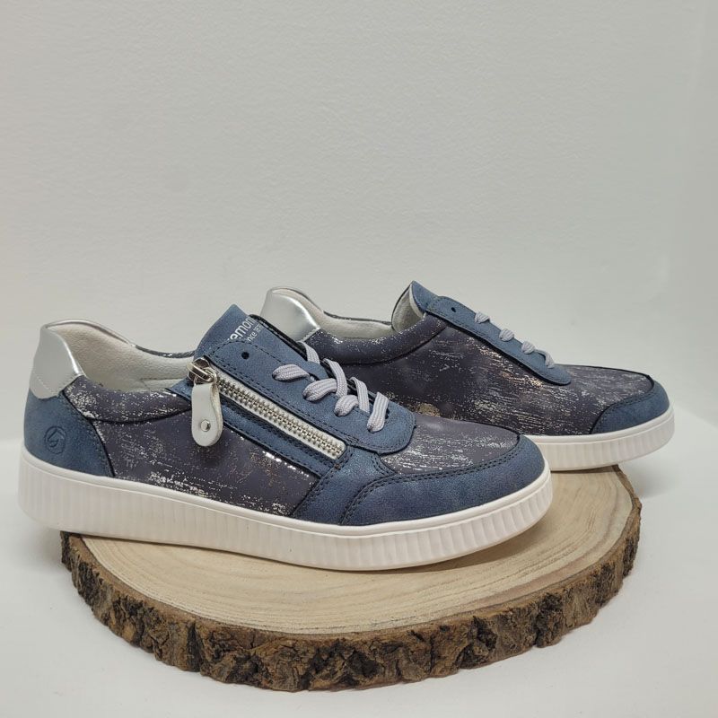 Basket plate bleu strech moucheté zip et lacet Remonte