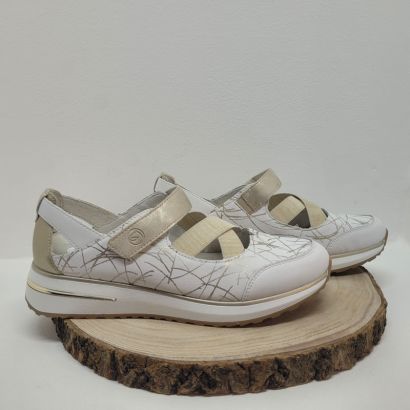 Ballerine à bride élastique croisés 1 velcro blanc et beige imprimé Remonte