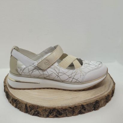 Ballerine à bride élastique croisés 1 velcro blanc et beige imprimé Remonte