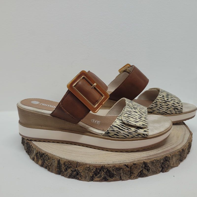 Mule compensée deux velcros marron et blanc boucle carréeRemonte 