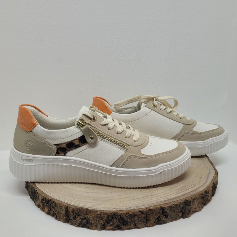 basket plate blanche et beige zip et bande léopard renfort orange remonte 
