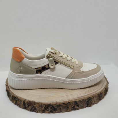 basket plate blanche et beige zip et bande léopard renfort orange remonte 