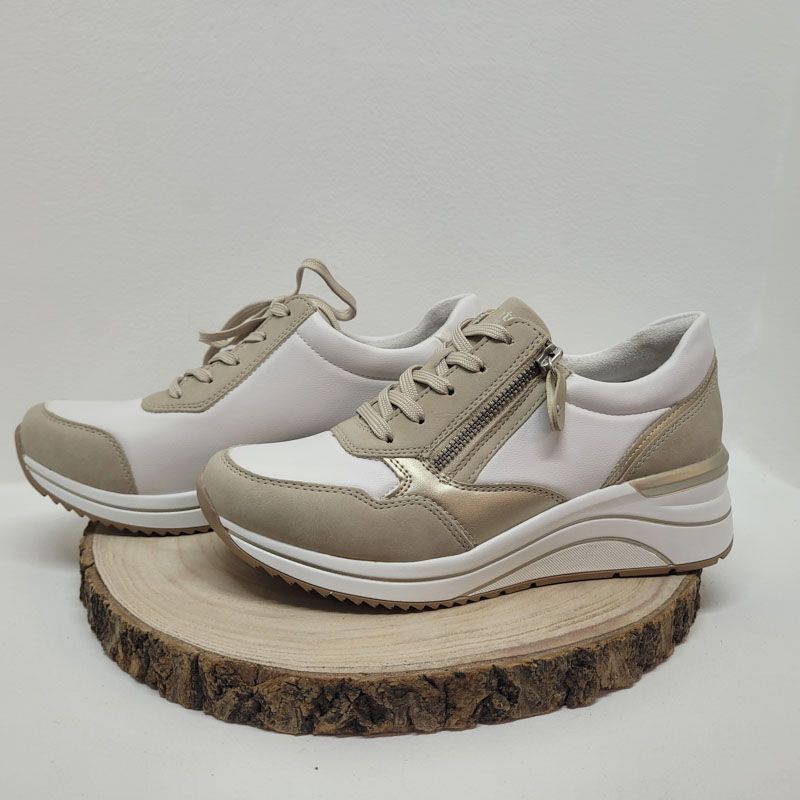 Basket compensée blanche / beige / or avec zip Remonte