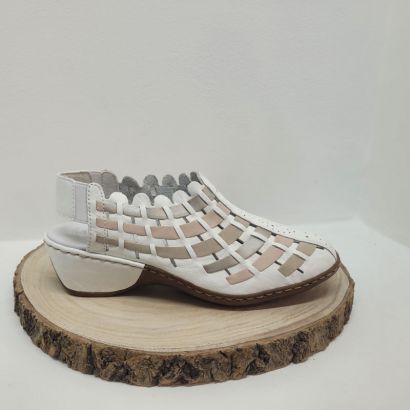 Nu-pieds compensé fermé blanc et rose Rieker