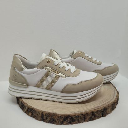 Basket blanche et beige semelle épaisse avec liseré et bande beige et blanche OR Remonte