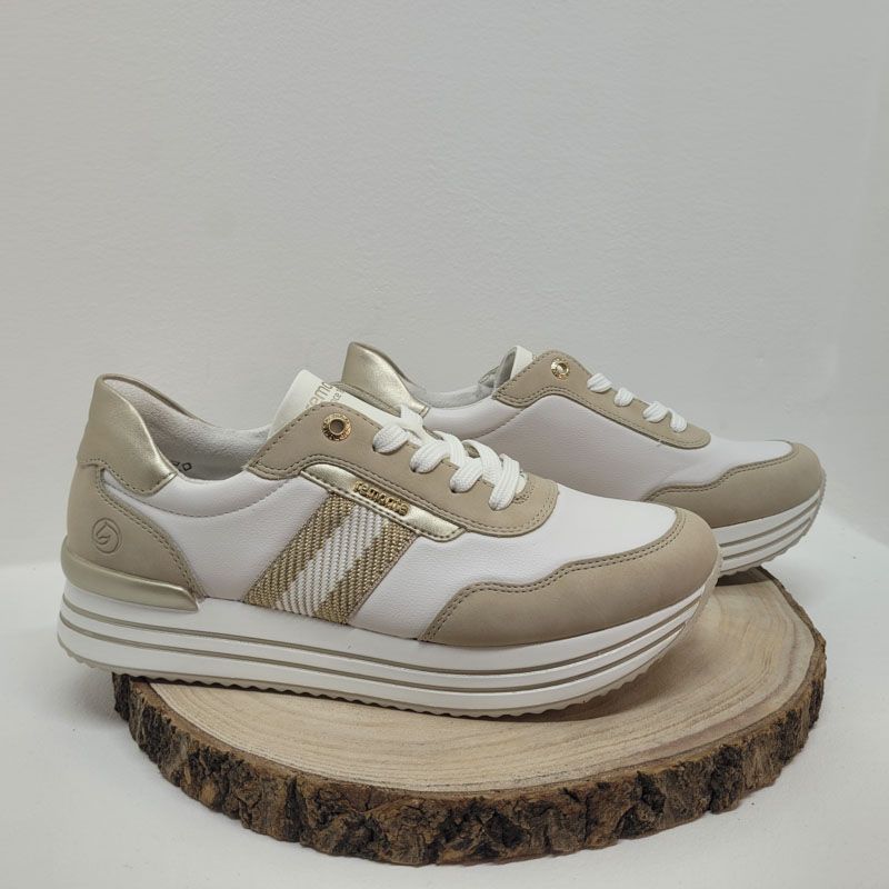 Basket blanche et beige semelle épaisse avec liseré et bande beige et blanche OR Remonte