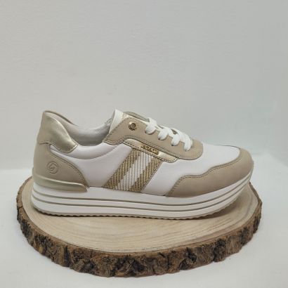Basket blanche et beige semelle épaisse avec liseré et bande beige et blanche OR Remonte