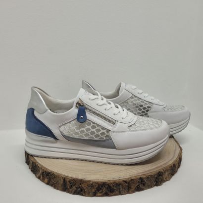 Basket blanche semelle épaisse arrière bleu et résille zip et lacet Remonte