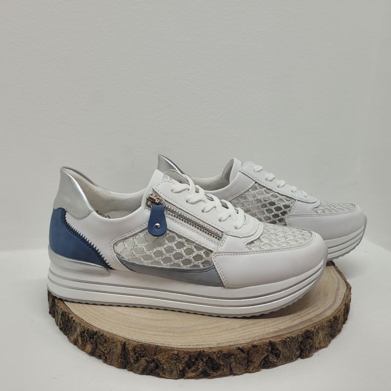 Basket blanche semelle épaisse arrière bleu et résille zip et lacet Remonte