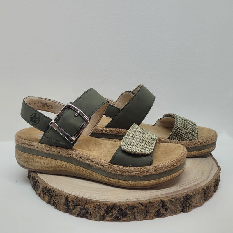 Nu-pied plat kaki avec 2 velcros et une fausse boucle Rieker