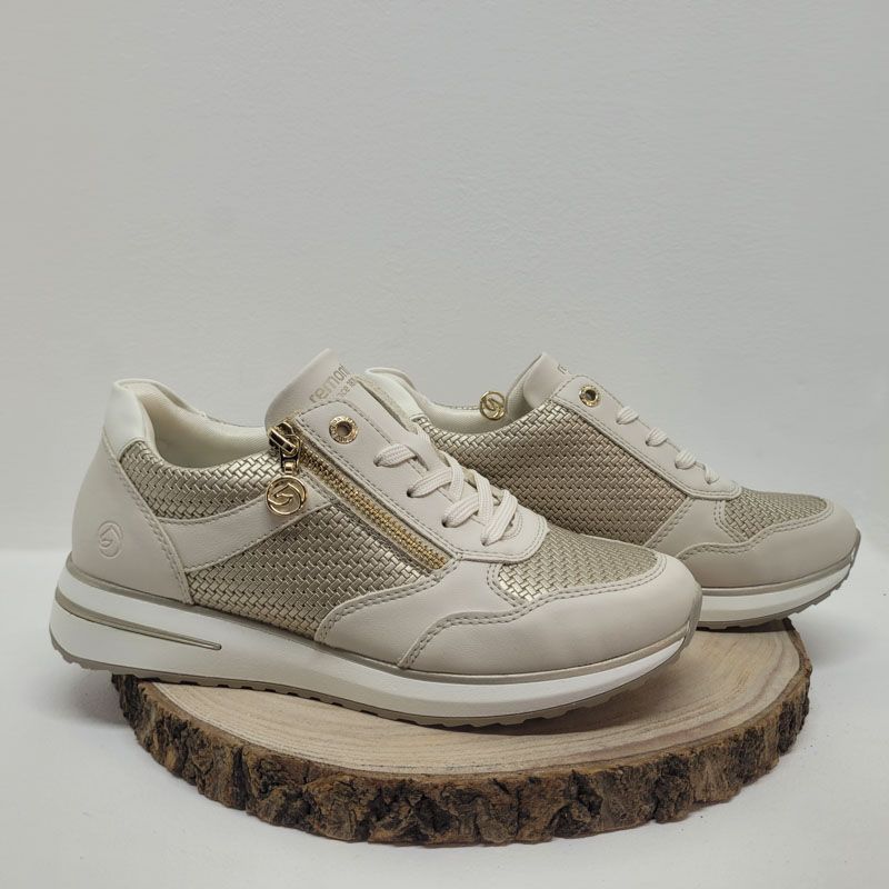 basket blanche et or renfort blanc zip liseré semelle or remonte