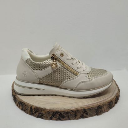 basket blanche et or renfort blanc zip liseré semelle or remonte