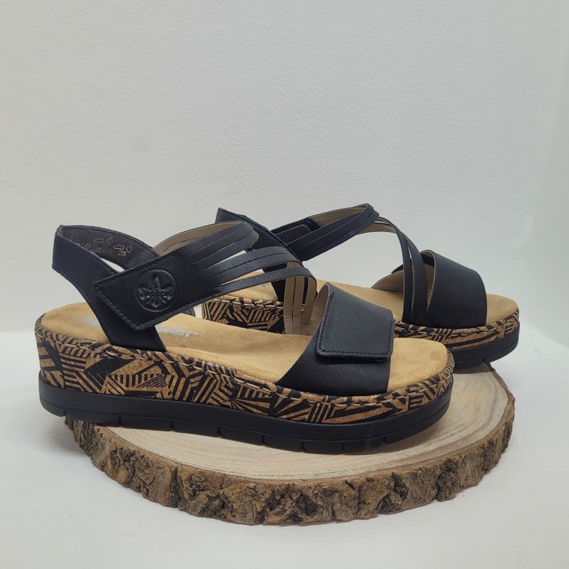 Nu-pied plat noir avec 2 velcros bride en Z Rieker