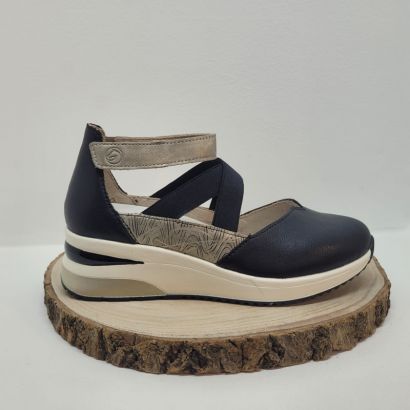 Ballerine à bride compensée noire et imprimé, 1 velcro et 2 élastiques croisés Remonte