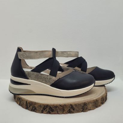 Ballerine à bride compensée noire et imprimé, 1 velcro et 2 élastiques croisés Remonte